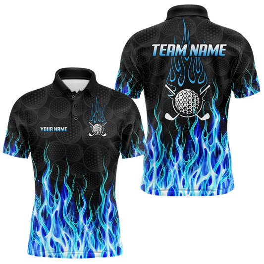 Maxcorners Golf Balls Blue Flame Pattern Mens Golf Polo Shirts Custom Name Golf Clothes For Men Golfing LM1406