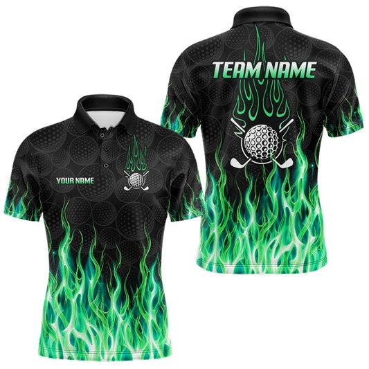 Maxcorners Golf Balls Green Flame Pattern Mens Golf Polo Shirts Custom Name Golf Clothes For Men Golfing LM1406