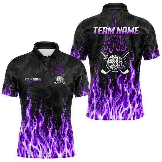 Maxcorners Golf Balls Purple Flame Pattern Mens Golf Polo Shirts Custom Name Golf Clothes For Men Golfing LM1406