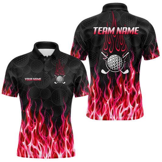 Maxcorners Golf Balls Red Flame Pattern Mens Golf Polo Shirts Custom Name Golf Clothes For Men Golfing LM1406