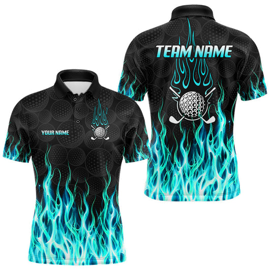 Maxcorners Golf Balls Turquoise Flame Pattern Mens Golf Polo Shirts Custom Name Golf Clothes For Men Golfing LM1406