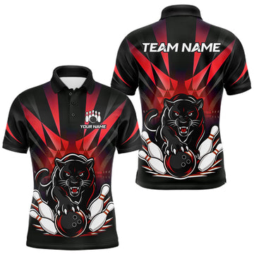 Maxcorners Custom Black And Red Leopard Bowling Jerseys, Leopard Bowling Team Men Polo & 1/4 Quarter-Zip Shirts