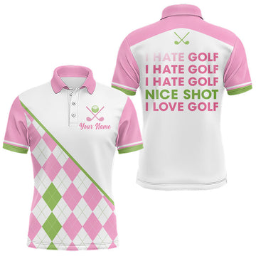 Maxcorners Funny Golf I Hate Golf Nice Shot I Love Golf Pink Argyle Pattern Men Golf Polo Shirt Golf Gifts LM1705