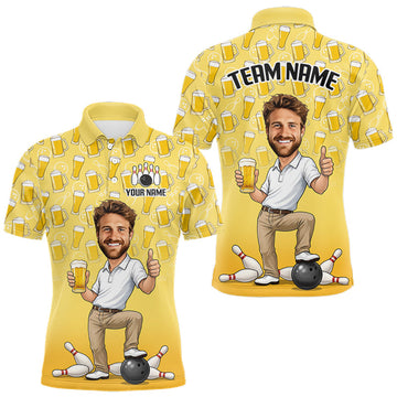 Maxcorners Yellow Beer Bowling Shirts For Men Custom Photo Face Funny Bowling League Team Shirts