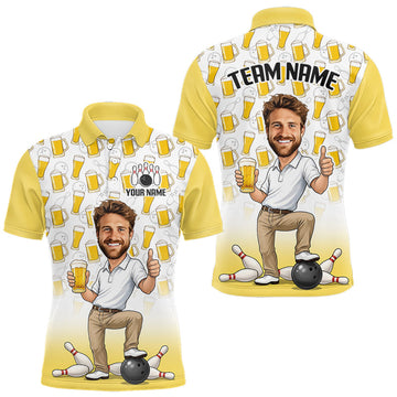 Maxcorners Yellow And White Beer Bowling Shirts For Men Custom Photo Face Funny Bowling League Team Shirts