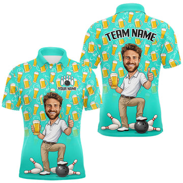 Maxcorners Turquoise Beer Bowling Shirts For Men Custom Photo Face Funny Bowling League Team Shirts