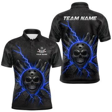 Maxcorners Custom Blue Thunder Lightning Skull Bowling Shirt For Men Bowling League Jersey Bowling Gifts