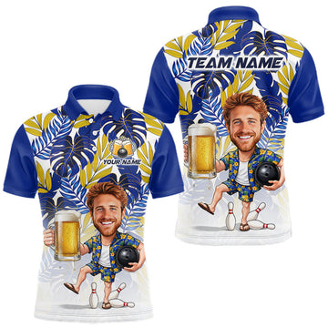Maxcorners Blue Tropical Beer Bowling Shirts For Men Custom Photo Face Funny Bowling Team Jersey