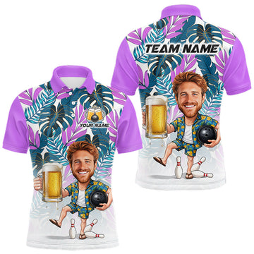 Maxcorners Purple Tropical Beer Bowling Shirts For Men Custom Photo Face Funny Bowling Team Jersey