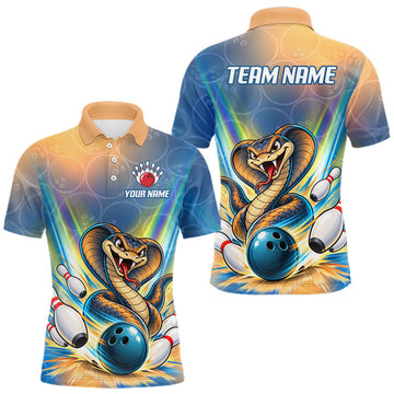 Maxcorners Blue Orange Custom Cobra Snake Bowling Shirts For Men Polo 1/4 Zip Bowling Team Shirt
