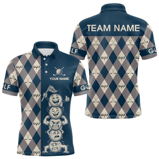 Maxcorners Funny Golf Ball Mens Golf Polo Shirts Custom Blue Argyle Pattern Golf Attire For Men, Golfer Gifts LM1904