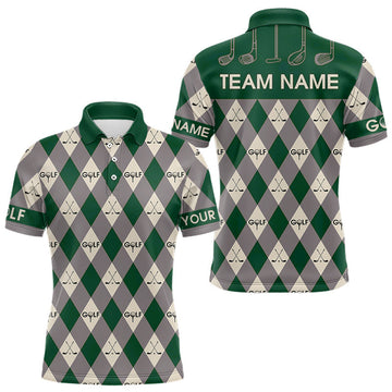 Maxcorners Green Argyle Plaid Pattern Mens Golf Polo Shirts Custom Golf Attire For Men, Team Golf Shirt LM1904
