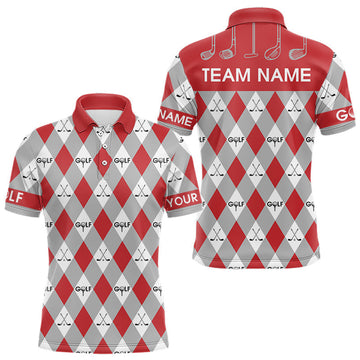 Maxcorners Red Argyle Plaid Pattern Mens Golf Polo Shirts Custom Golf Attire For Men, Team Golf Shirt LM1904