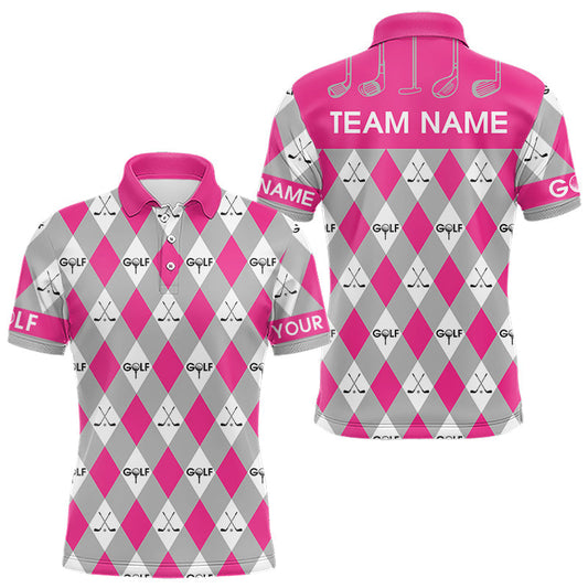 Maxcorners Pink Argyle Plaid Pattern Mens Golf Polo Shirts Custom Golf Attire For Men, Team Golf Shirt LM1904