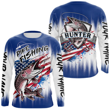 Maxcorners Personalized American Flag Northern Pike Fishing Shirts Long Sleeve, Patriotic Pike Fishing Jerseys | Blue LM2704