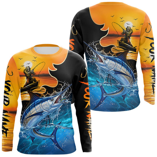 Maxcorners Personalized Fish Reaper Sunset Design Blue Marlin Fishing Shirts Long Sleeve LM2405