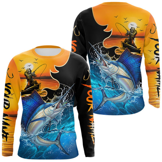 Maxcorners Personalized Fish Reaper Sunset Design Mahi Mahi Fishing Shirts Long Sleeve LM0106