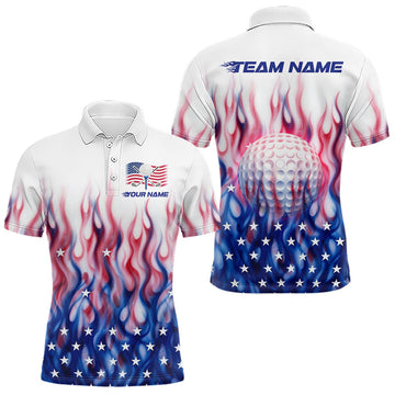 Maxcorners Fire American Flag Custom Patriotic Golf Polo Shirts For Men, Flame US Golf Shirt