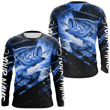 Maxcorners Personalized Largemouth Bass Fishing Shirts Long Sleeve, Bass Tournament Fishing Jerseys | Blue LM0106