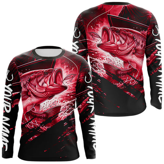 Maxcorners Personalized Largemouth Bass Fishing Shirts Long Sleeve, Bass Tournament Fishing Jerseys | Red LM0106