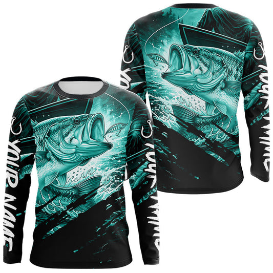 Maxcorners Personalized Largemouth Bass Fishing Shirts Long Sleeve, Bass Tournament Fishing Jerseys | Turquoise LM2405