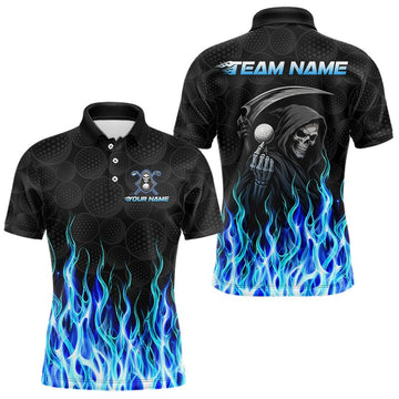 Maxcorners Custom Blue Flame Reaper Golf Ball Pattern Mens Golf Polo Shirts Black Golf Team Shirts, Golf Outfit LM2806