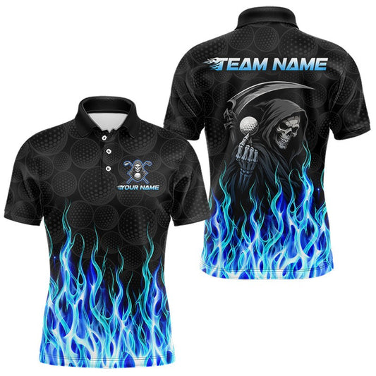 Maxcorners Custom Blue Flame Reaper Golf Ball Pattern Mens Golf Polo Shirts Black Golf Team Shirts, Golf Outfit LM2806