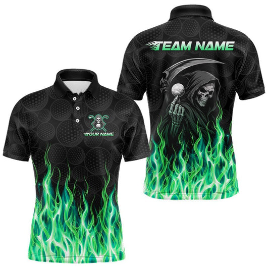 Maxcorners Custom Green Flame Reaper Golf Ball Pattern Mens Golf Polo Shirts Black Golf Team Shirts, Golf Outfit LM2806
