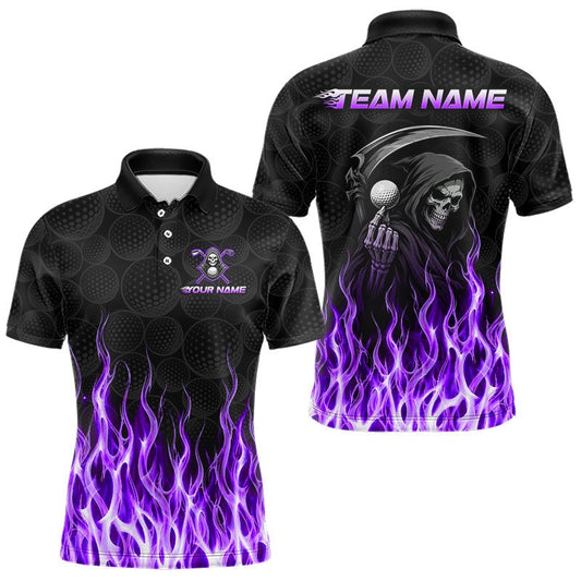 Maxcorners Custom Purple Flame Reaper Golf Ball Pattern Mens Golf Polo Shirts Black Golf Team Shirts, Golf Outfit LM2806