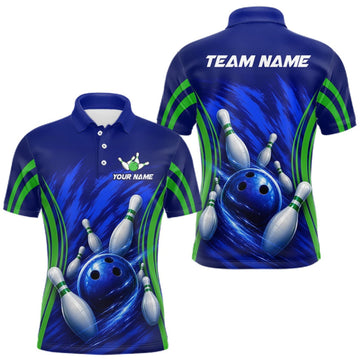Maxcorners Green And Blue Strike Bowling Shirts For Men, Custom Name Bowling Team Jerseys LM0409