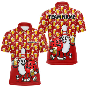 Maxcorners Funny Red Beer Pattern Bowling Polo & 1/4 Quarter Zip Shirt Custom Bowling League Team Shirts