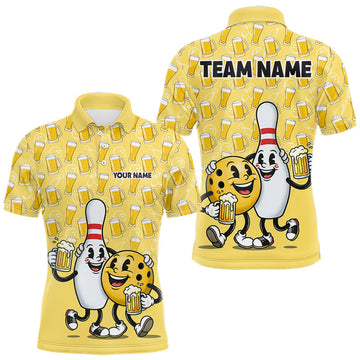 Maxcorners Funny Yellow Beer Pattern Bowling Polo & 1/4 Quarter Zip Shirt Custom Bowling League Team Shirts