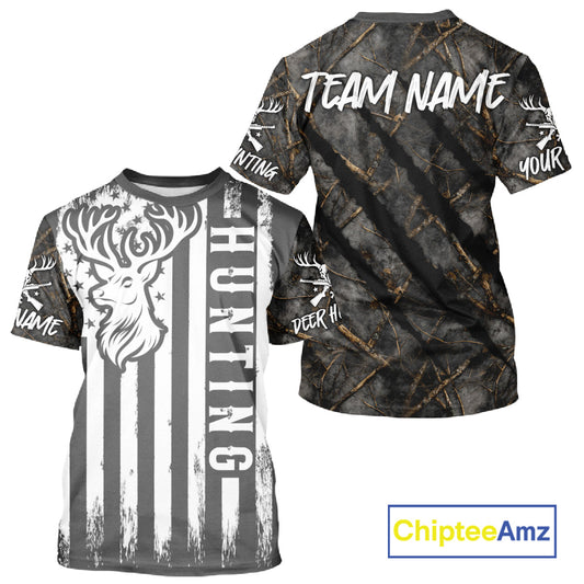 Maxcorners Personalized Dark Camo Deer Hunting Shirt with US Flag & Deer Buck, Hunter Gifts LM2608