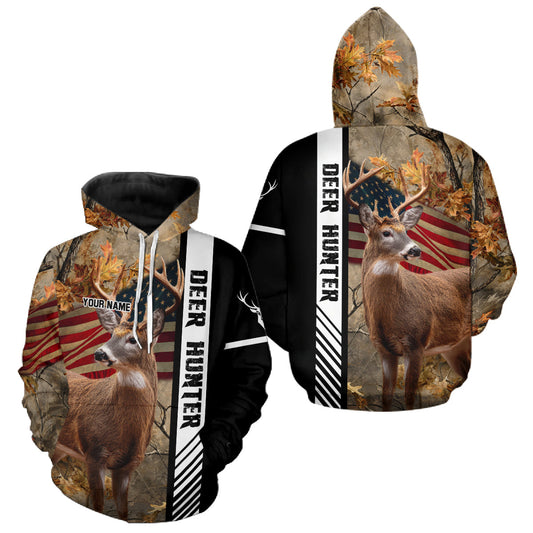 Maxcorners Beautiful Deer Hunting American flag Custom Name Shirt for Hunter LM0409