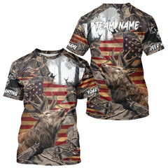 Maxcorners Best Elk Hunting Camo Shirt with Big Buck and US Flag – Hunting Apparel for Men, Hunter Gifts LM2608