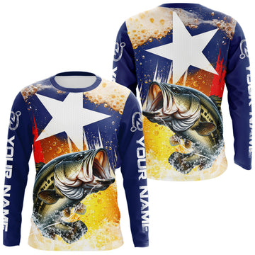 Maxcorners Custom Texas Flag Bass Fishing Shirts, Funny Fishing Beer Shirts Long Sleeve For Team LM1904