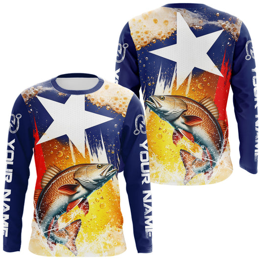Maxcorners Custom Texas Flag Redfish Fishing Shirts, Funny Fishing Beer Shirts Long Sleeve For Team LM1904
