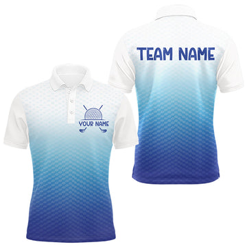 Maxcorners Blue White Mens Polo Golf Shirts Custom Name Golf Shirt For Men, Golf Team Clothes