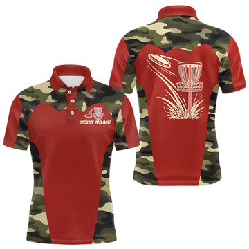 Maxcorners Mens Disc Golf Polo Shirt Custom Name Camo Disc Golf Basket, Personalized Disc Golf Shirts | Red LM1904