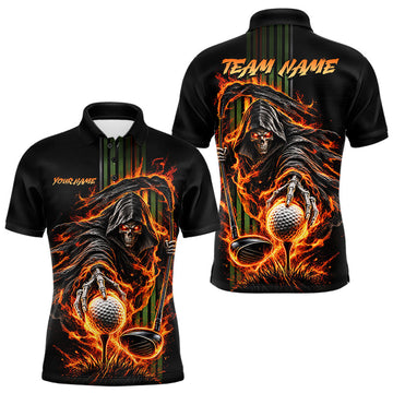 Maxcorners Custom Black Fire Flame Skull Reaper Custom Name Men Golf Polo Shirt, Team Golf Shirts