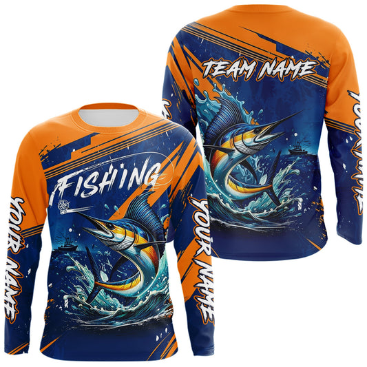 Maxcorners Custom Marlin Fishing Blue Orange Long Sleeve Shirts, Marlin Saltwater Fishing Jerseys LM2306