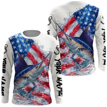 Maxcorners American Flag Patriotic Marlin Fishing Custom Long Sleeve Shirts, 4th of July Fishing Tournament Shirts LM2603