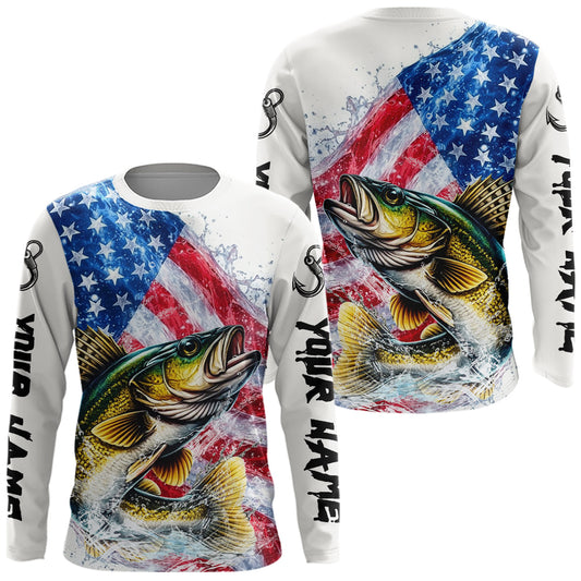 Maxcorners American Flag Patriotic Walleye Fishing Custom Long Sleeve Shirts, 4th of July Fishing Tournament Shirts LM1903