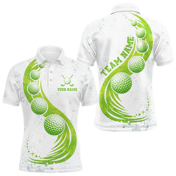 Maxcorners Mens Golf Polo Shirt Green Golf Ball Pattern Custom Name White Golf Shirts, Golf Gifts For Men LM2603