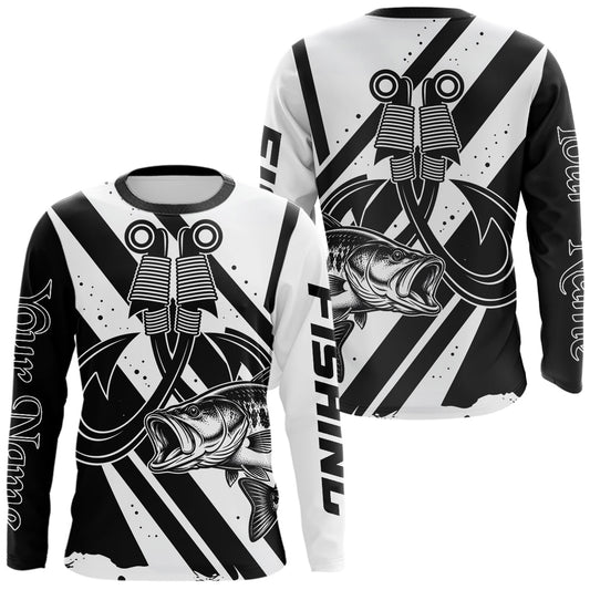 Maxcorners Black And White Largemouth Bass Long Sleeve Fishing Shirt, Sun Protection Bass Fishing Jerseys LM0706