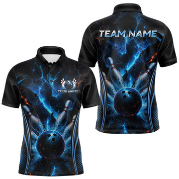 Maxcorners Blue Thunder Black Bowling Polo & 1/4 Quarter Zip Shirt For Men Custom Bowling Team Jerseys