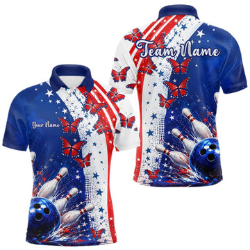 Maxcorners American Flag Butterfly Custom Patriotic Bowling Shirts For Men, Bowling League Shirts LM1508