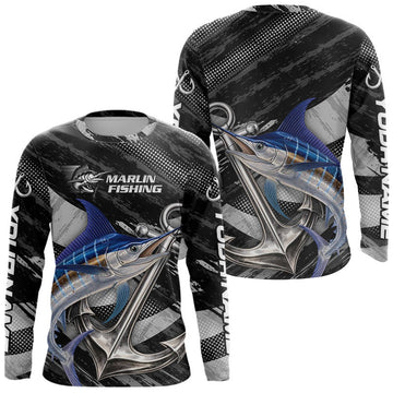 Maxcorners Personalized Marlin Fishing Long Sleeve Anchor Vector Custom Name Black Camo, Saltwater Fishing Shirts LM1203