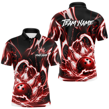 Maxcorners Red Storm Thunder Lightning Bowling Polo & 1/4 Quarter Zip Shirt For Men Custom Bowling Team Jersey