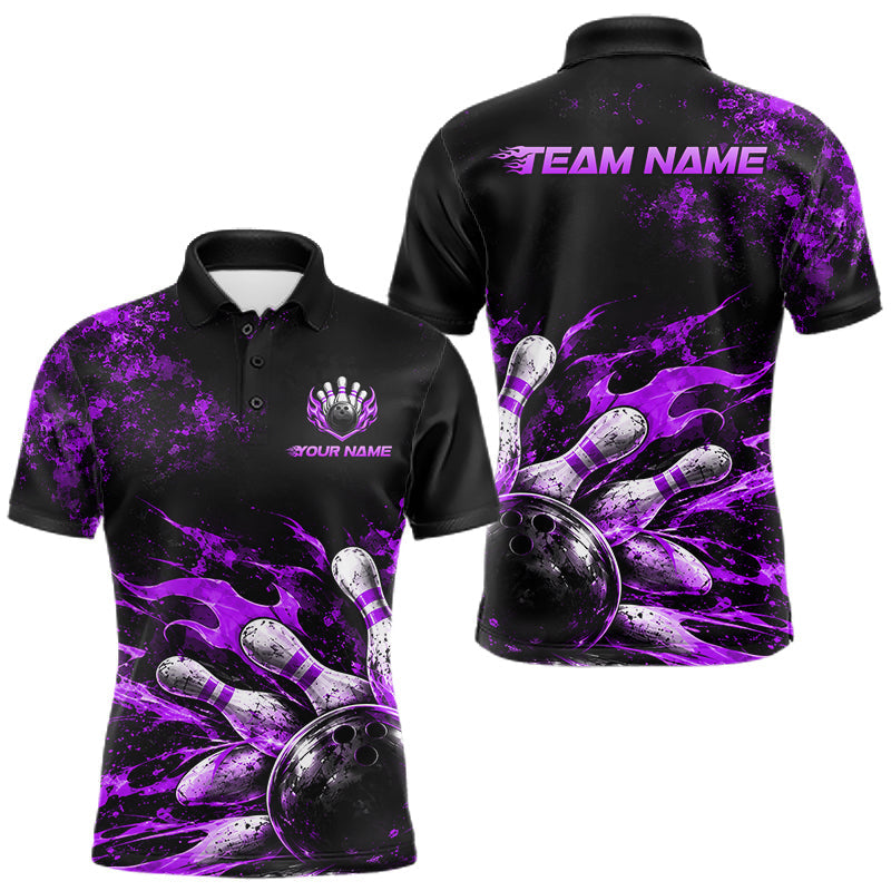 Maxcorners Black And Purple Custom Flame Bowling Shirts For Men, Fire Bowling Team Shirt